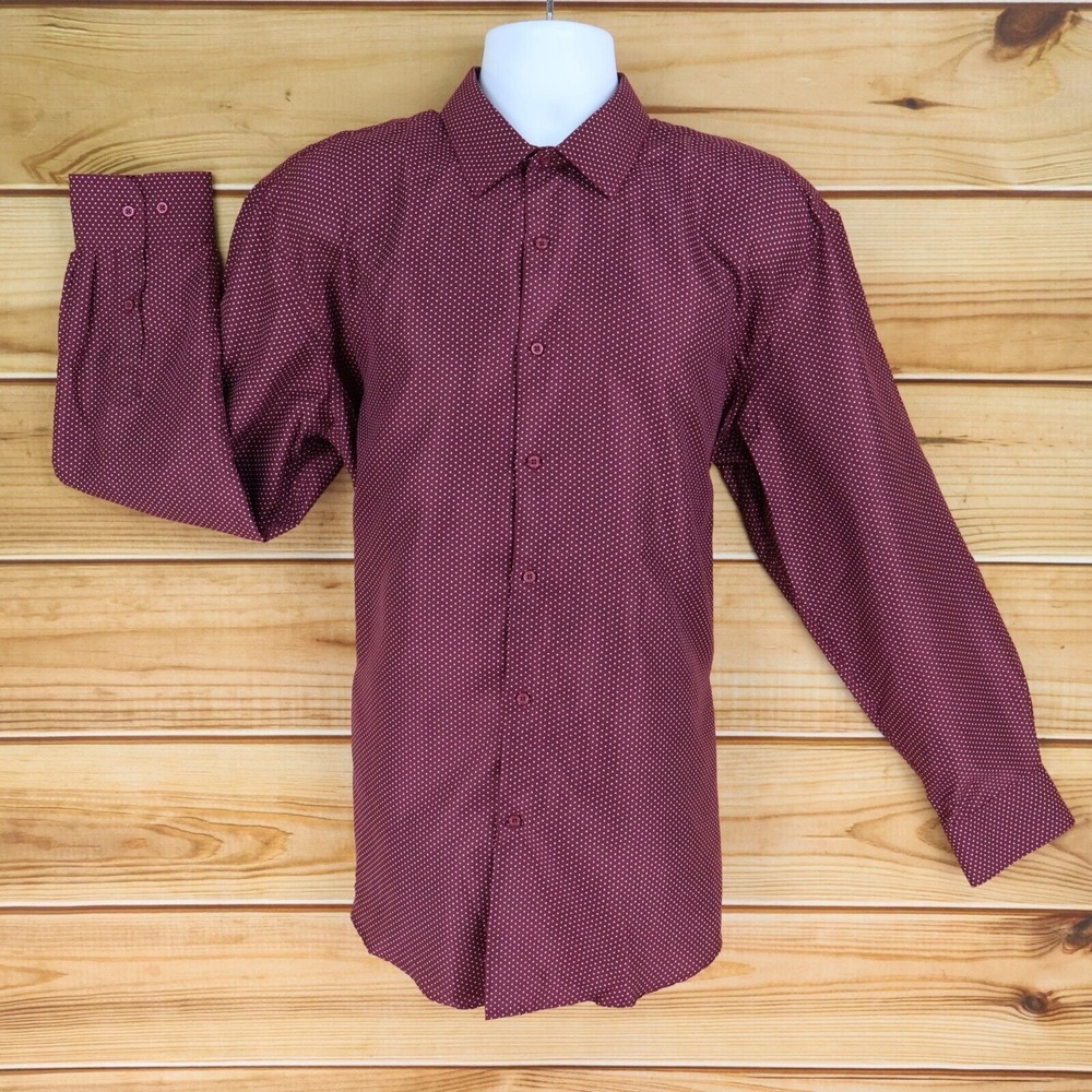 Adrienne Vittadini‎ Dress Shirt Mens Size XL 17x34/35 Maroon Dots Point Collar